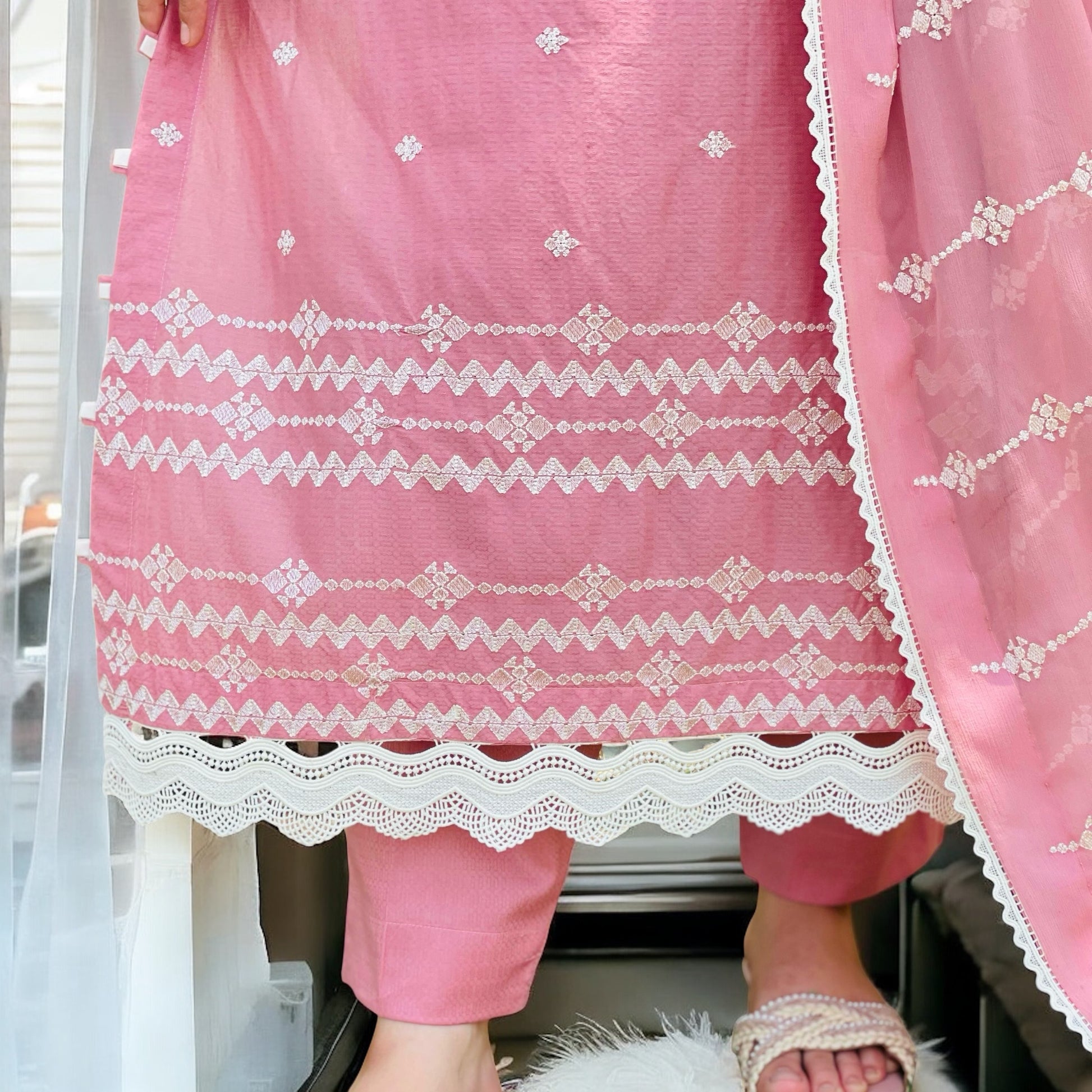 Three Piece Embroidered Textured Lawn Dress With Embroidered Soft Chiffon Dupatta