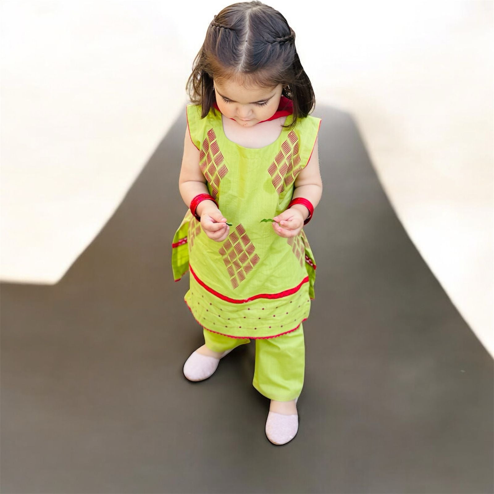Custom Made Parrot Green Screen Printed Dress For Kids.