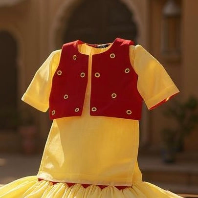 Custom Made Yellow & Maroon Dress With Stylish Jacket and Dupatta For Kids