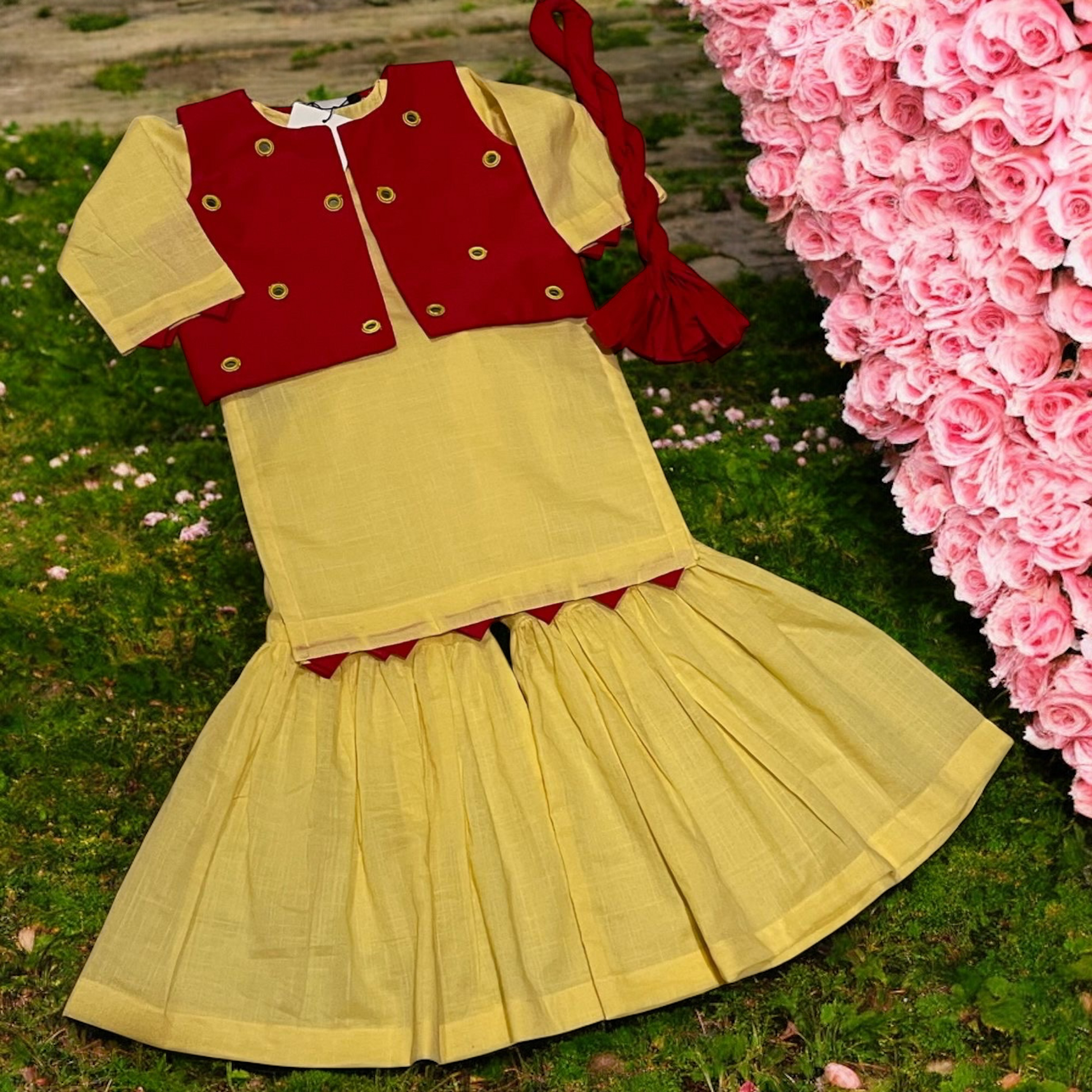 Custom Made Yellow & Maroon Dress With Stylish Jacket and Dupatta For Kids