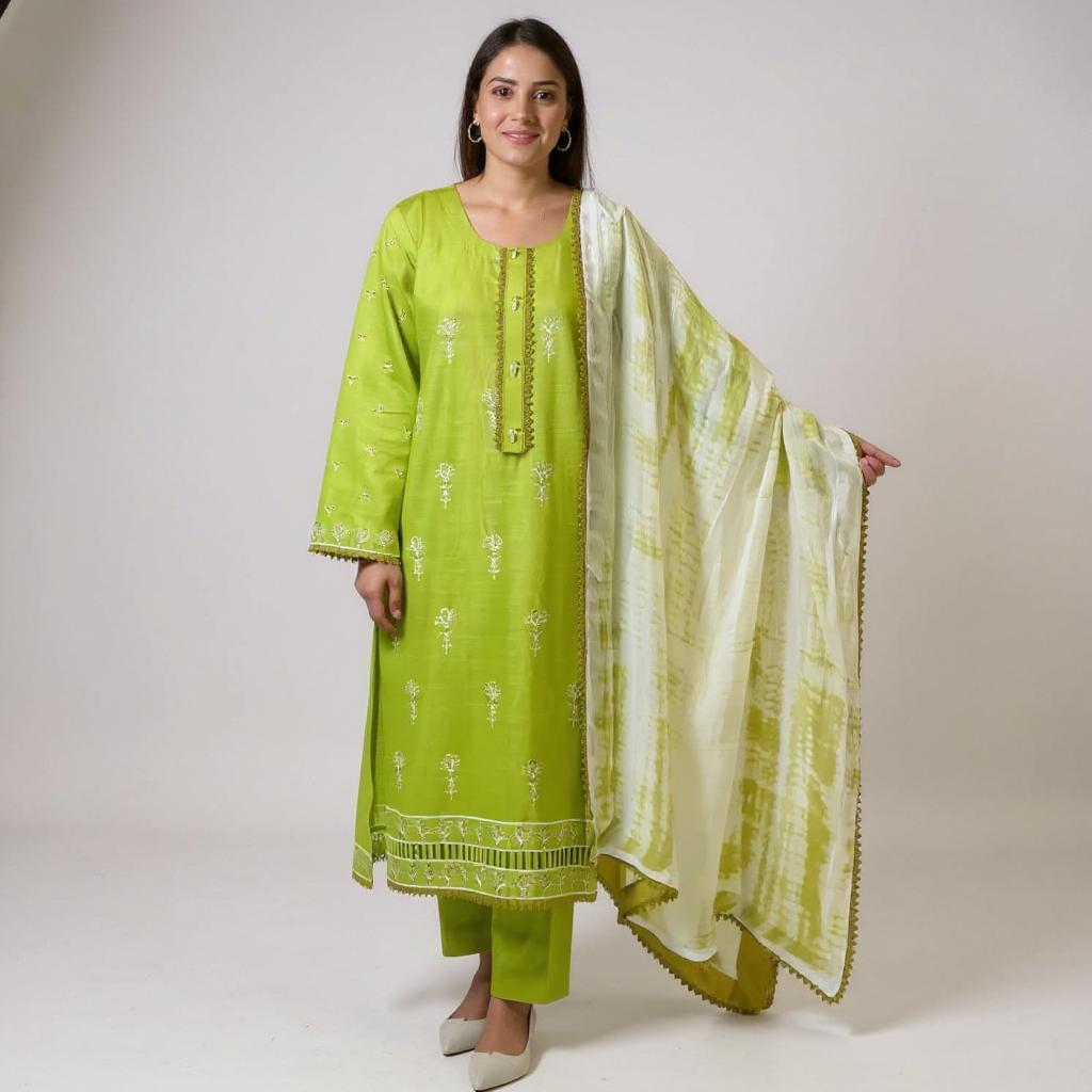 Elegant embroidered parrot green suit paired with a soft, printed chiffon dupatta.