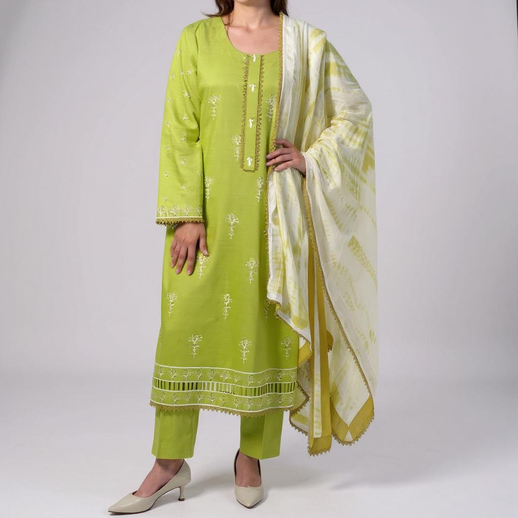 Elegant embroidered parrot green suit paired with a soft, printed chiffon dupatta.