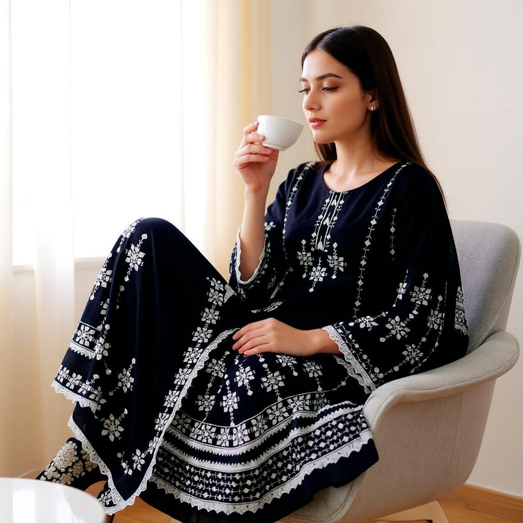 Three Piece Black Embroidery Dress White Thread Work On Premium Fabric
