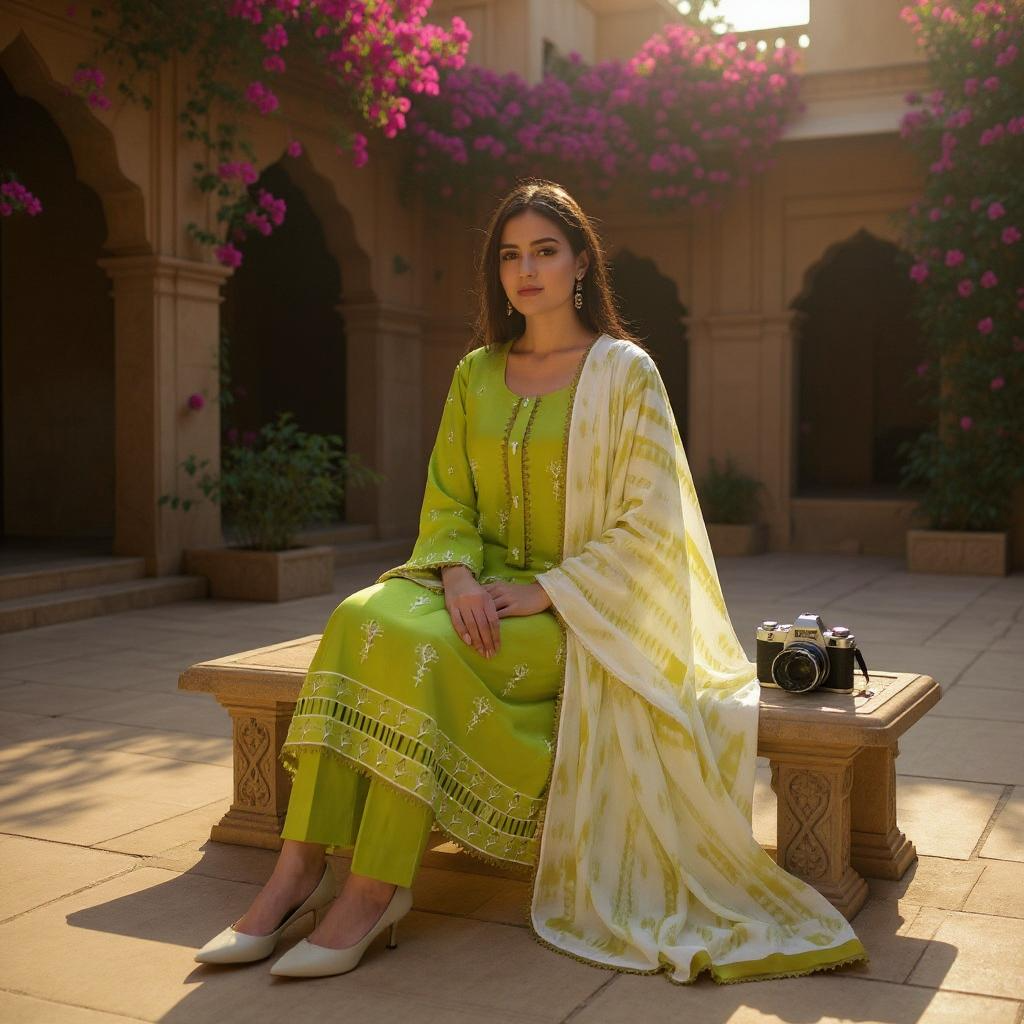 Elegant embroidered parrot green suit paired with a soft, printed chiffon dupatta.