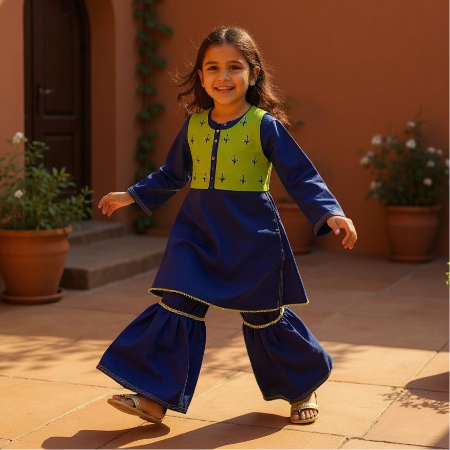Custom Made Dark Blue & Parrot Green Dress With Stylish Jacket For Kids