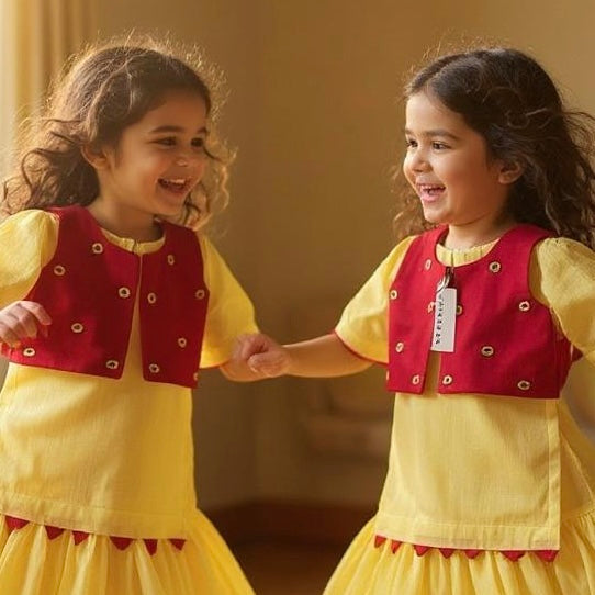 Custom Made Yellow & Maroon Dress With Stylish Jacket and Dupatta For Kids