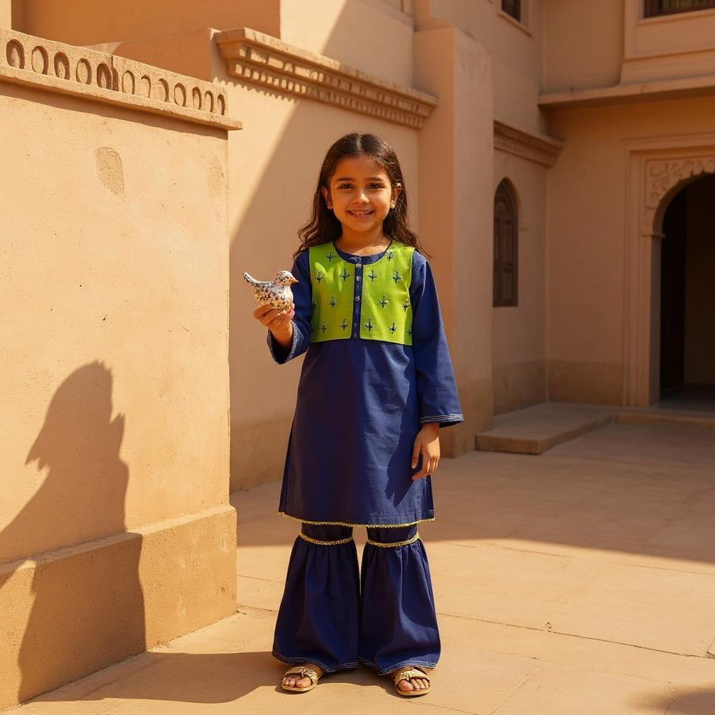 Custom Made Dark Blue & Parrot Green Dress With Stylish Jacket For Kids