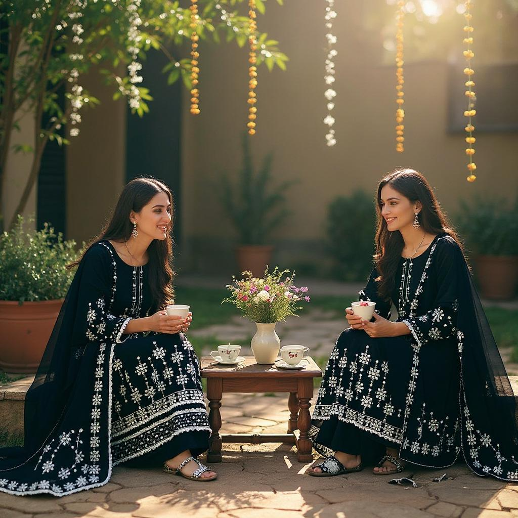 Three Piece Black Embroidery Dress White Thread Work On Premium Fabric