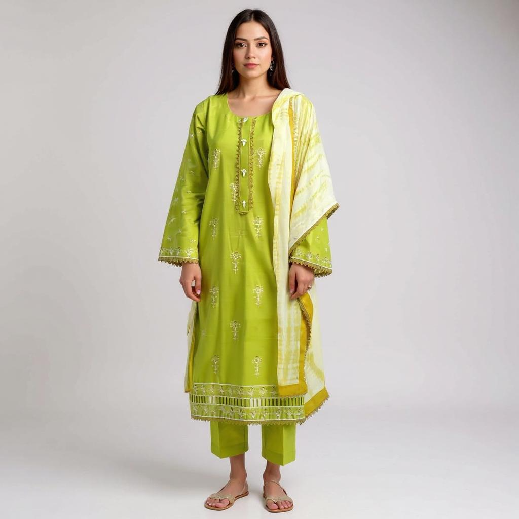 Elegant embroidered parrot green suit paired with a soft, printed chiffon dupatta.