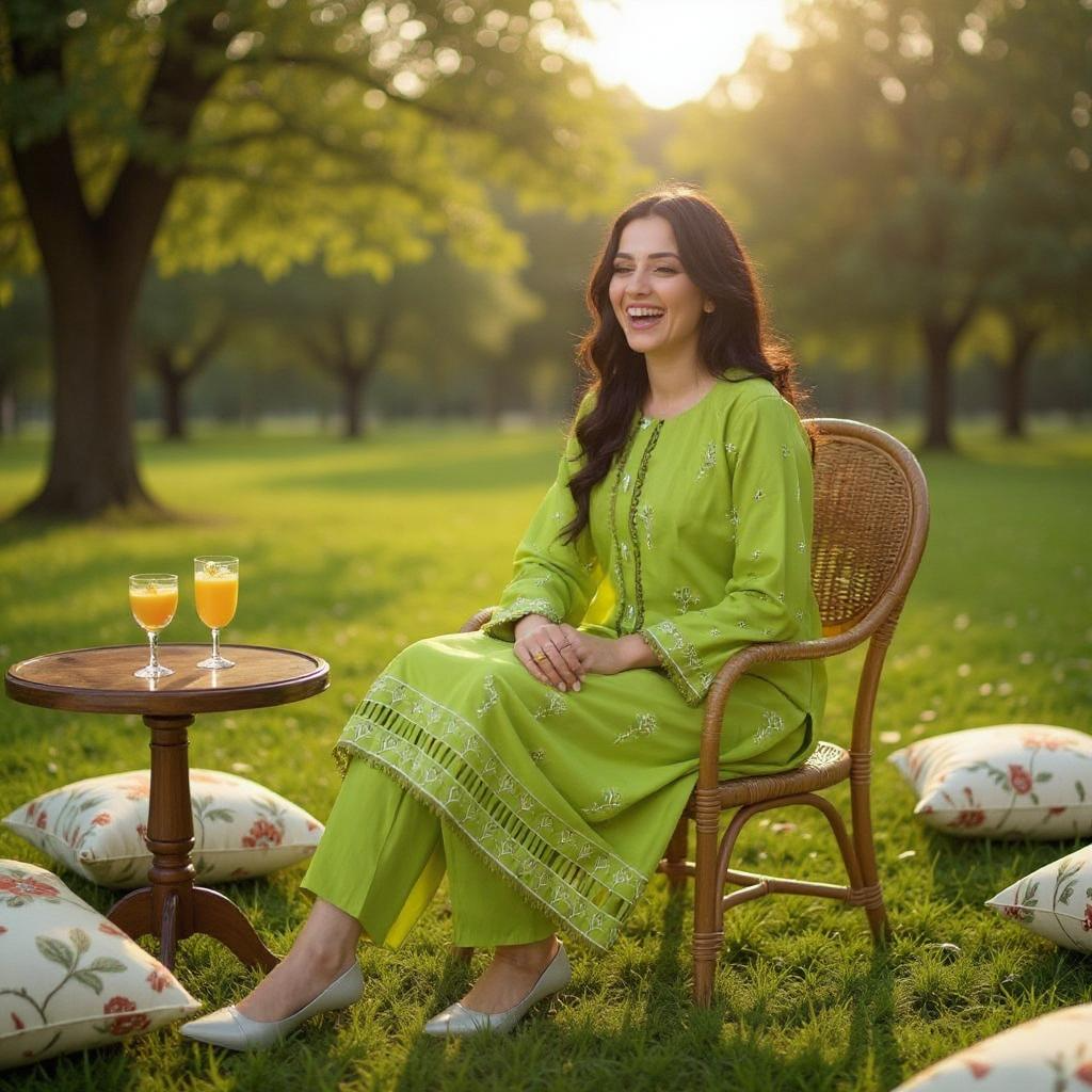 Elegant embroidered parrot green suit paired with a soft, printed chiffon dupatta.