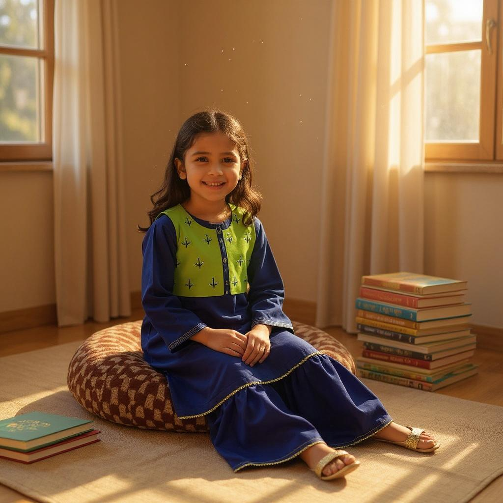 Custom Made Dark Blue & Parrot Green Dress With Stylish Jacket For Kids