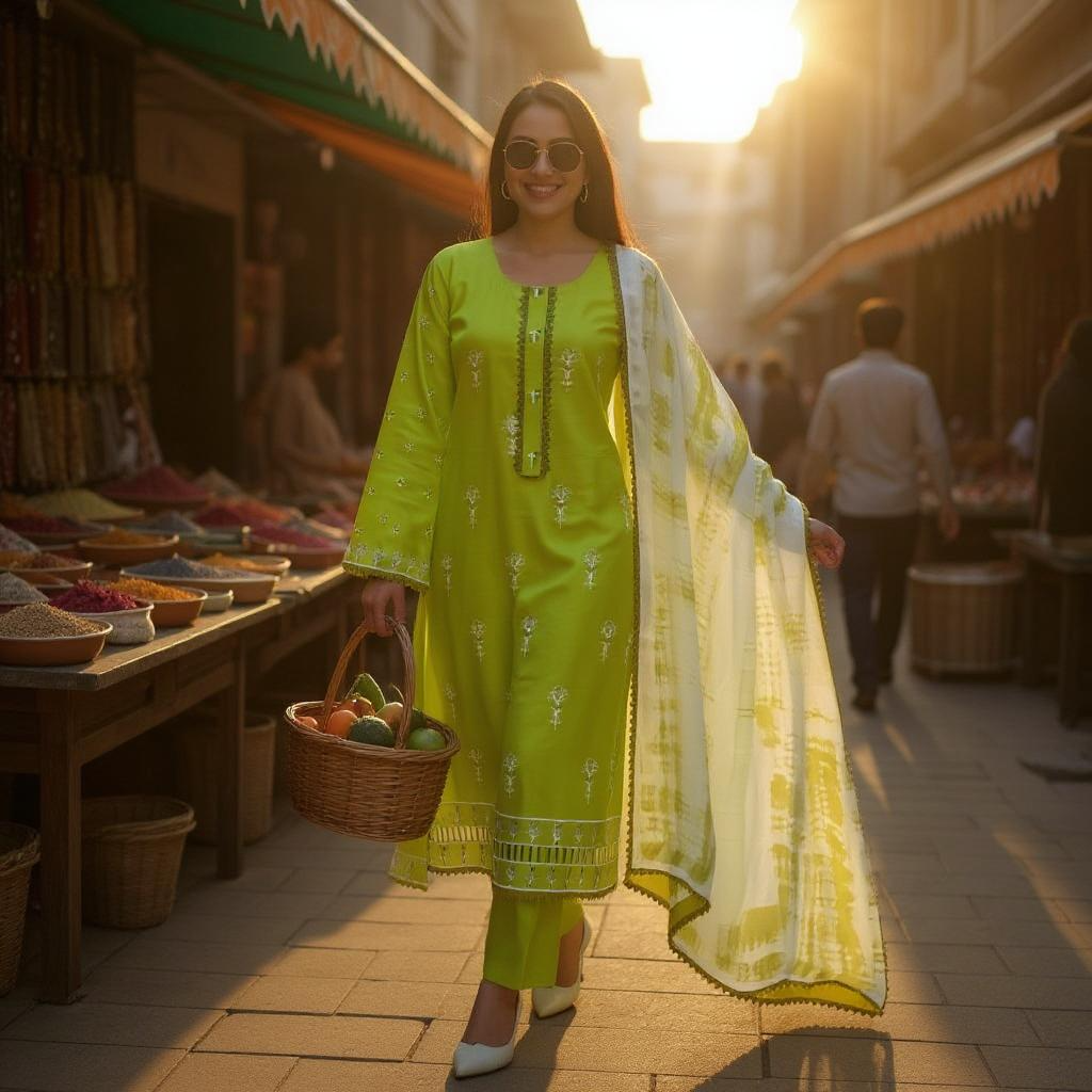 Elegant embroidered parrot green suit paired with a soft, printed chiffon dupatta.