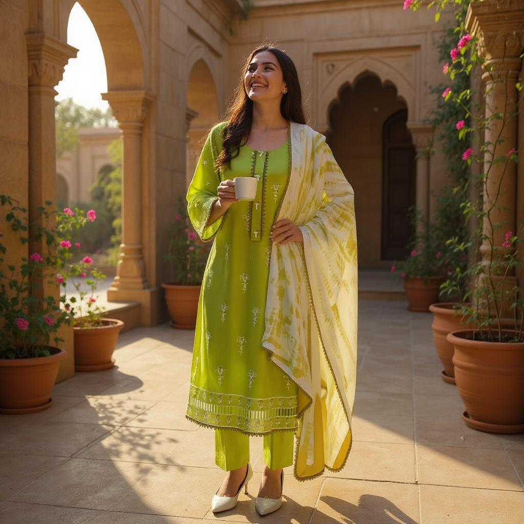 Elegant embroidered parrot green suit paired with a soft, printed chiffon dupatta.