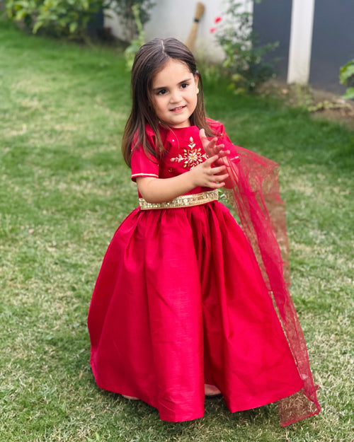 Adorable & Custom Made Stylish Red Lehenga For Kids.