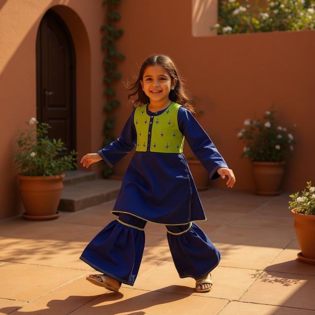 Custom Made Dark Blue & Parrot Green Dress With Stylish Jacket For Kids