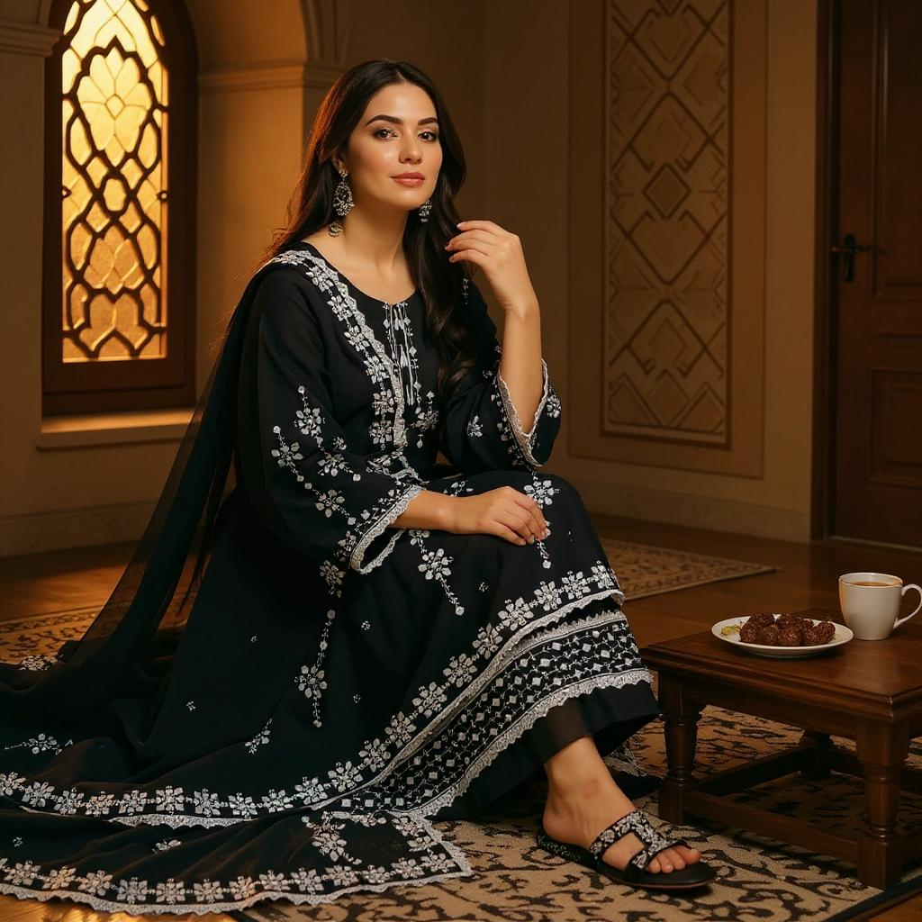 Three Piece Black Embroidery Dress White Thread Work On Premium Fabric