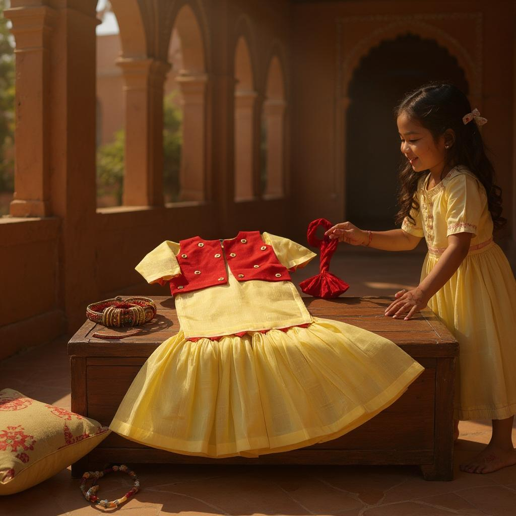 Custom Made Yellow & Maroon Dress With Stylish Jacket and Dupatta For Kids