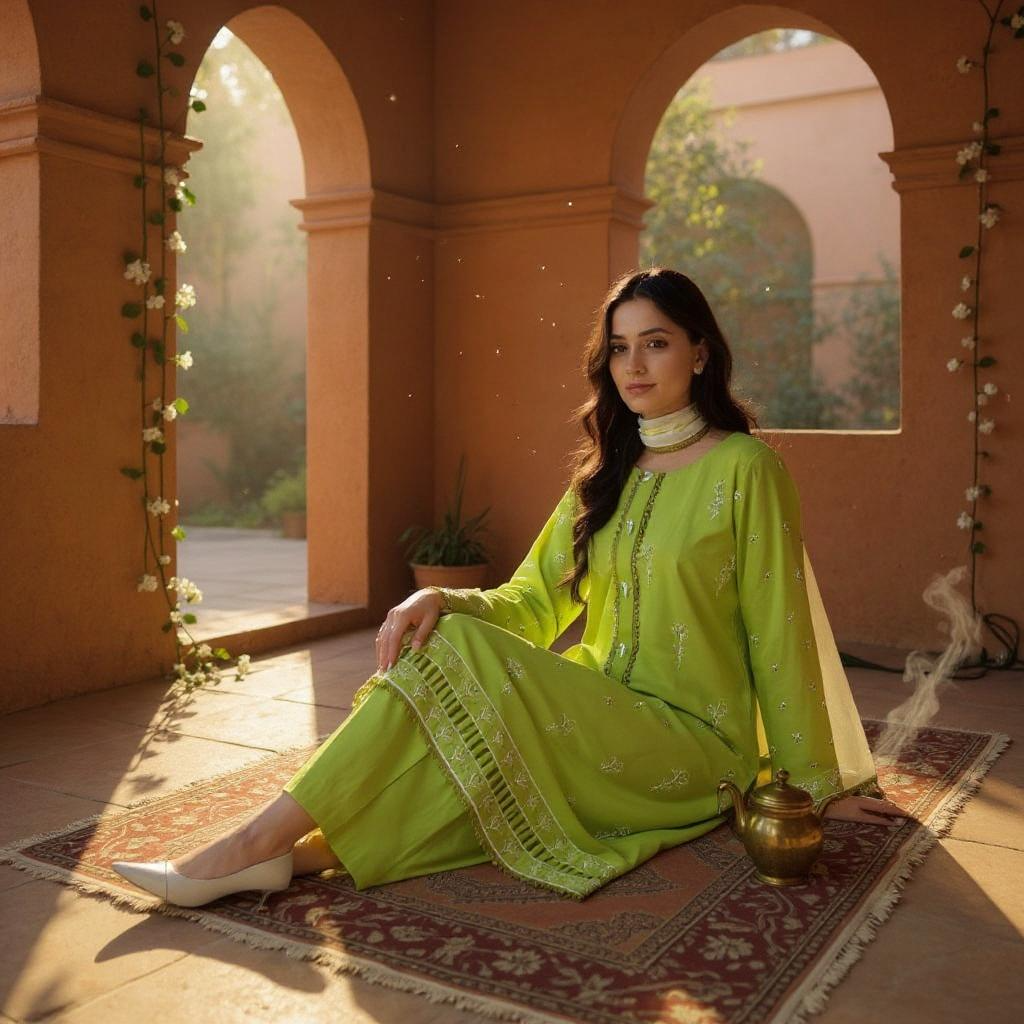 Elegant embroidered parrot green suit paired with a soft, printed chiffon dupatta.