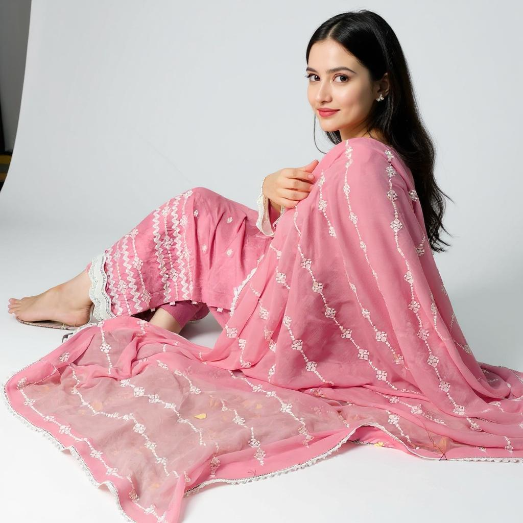 Three Piece Embroidered Textured Lawn Dress With Embroidered Soft Chiffon Dupatta