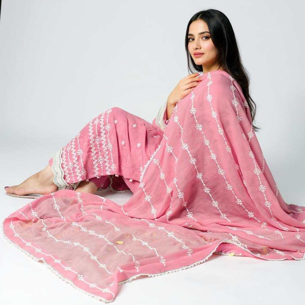 Three Piece Embroidered Textured Lawn Dress With Embroidered Soft Chiffon Dupatta