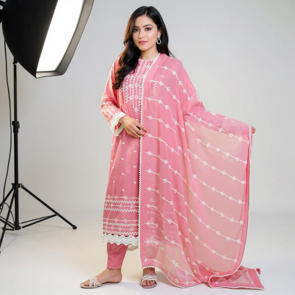Three Piece Embroidered Textured Lawn Dress With Embroidered Soft Chiffon Dupatta