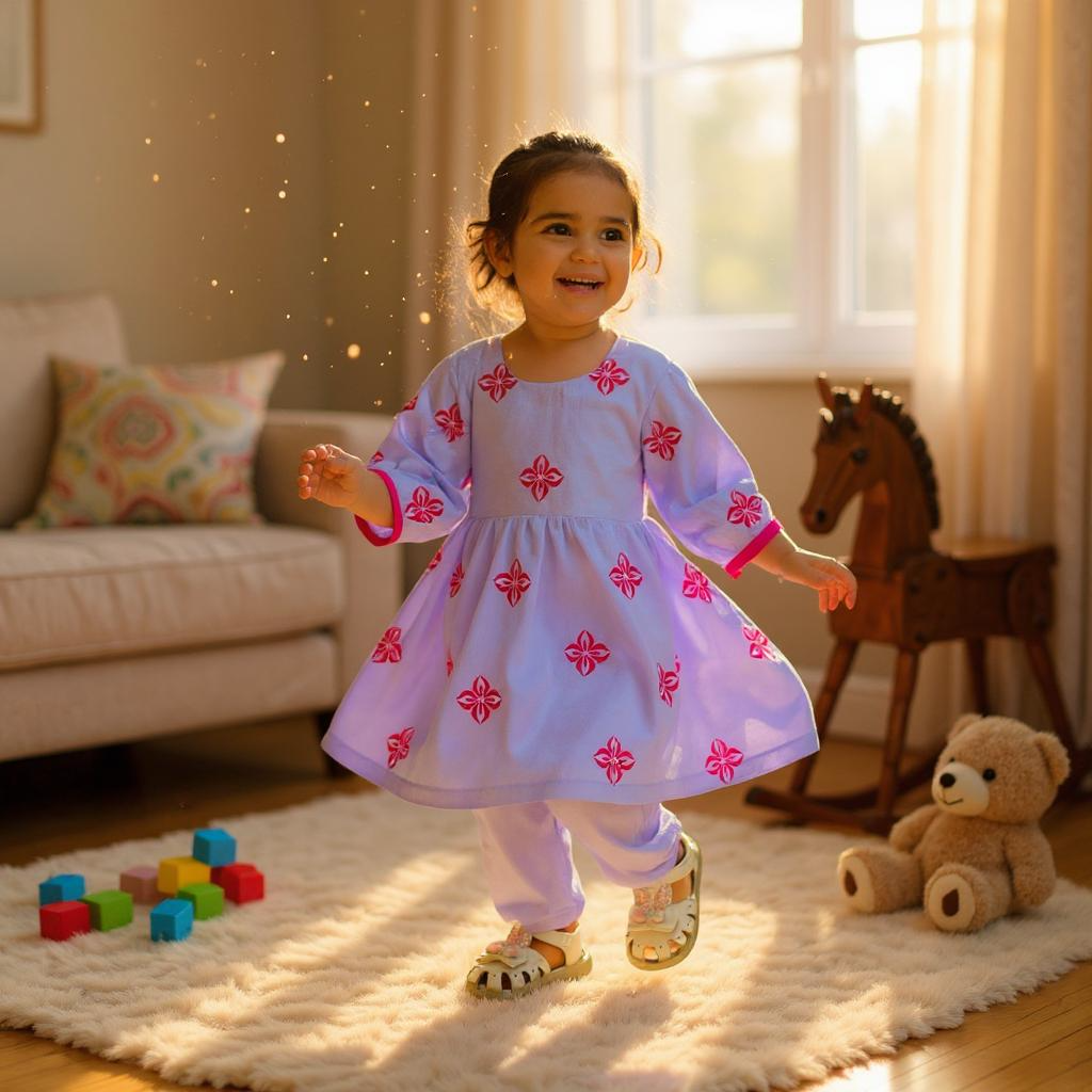 Custom Made Light Purple Screen Printed Dress For Kids