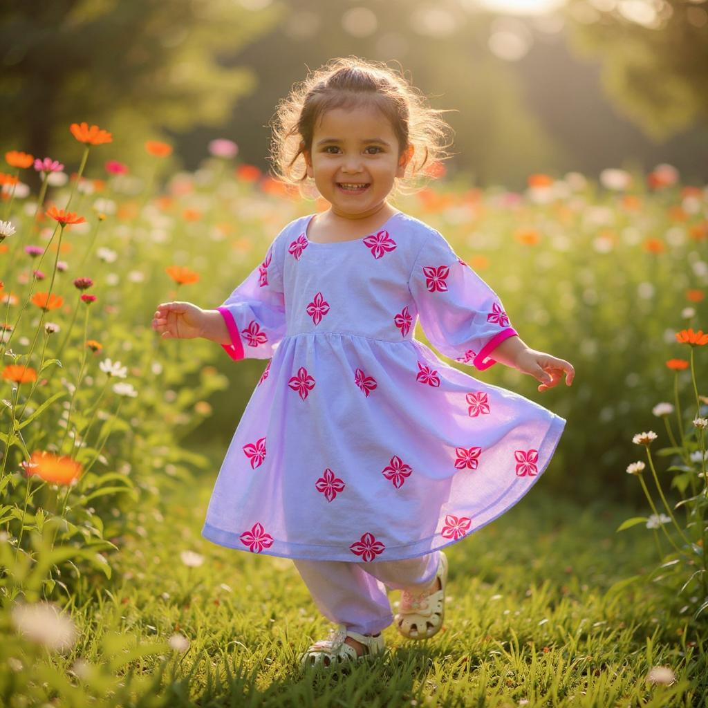 Custom Made Light Purple Screen Printed Dress For Kids