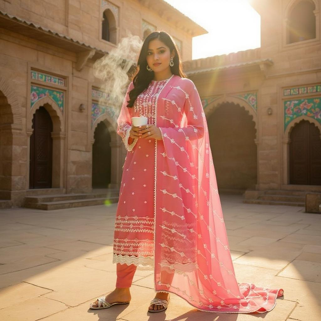 Three Piece Embroidered Textured Lawn Dress With Embroidered Soft Chiffon Dupatta