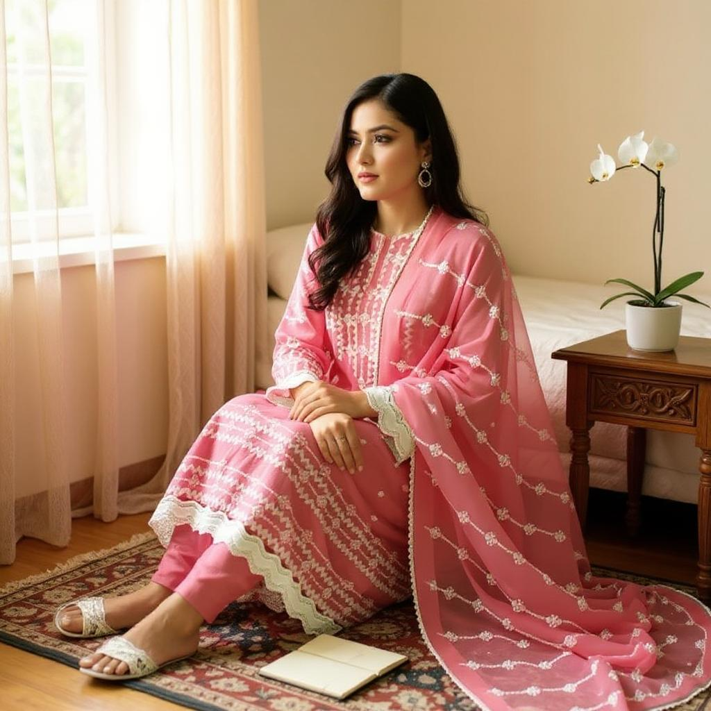 Three Piece Embroidered Textured Lawn Dress With Embroidered Soft Chiffon Dupatta