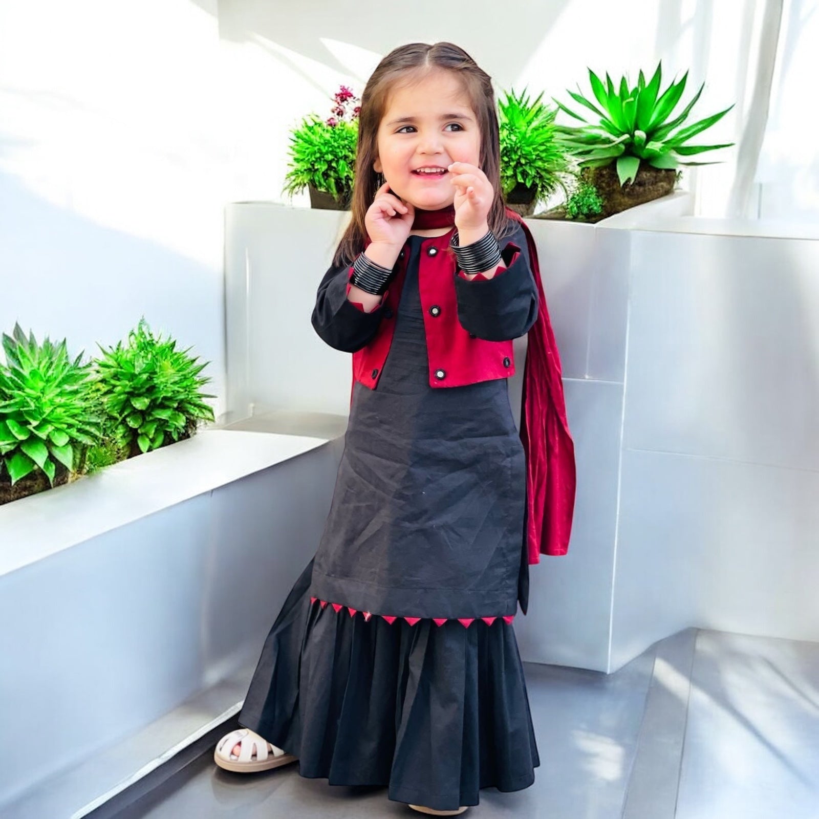 Elegant Black & Maroon Dress With Stylish Jacket and Dupatta For Kids.