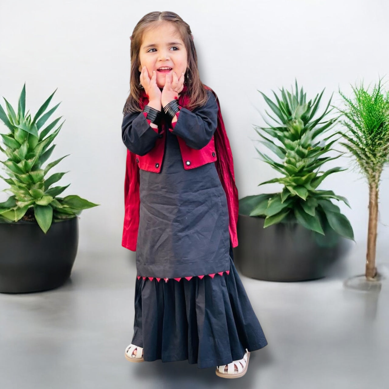 Elegant Black & Maroon Dress With Stylish Jacket and Dupatta For Kids.