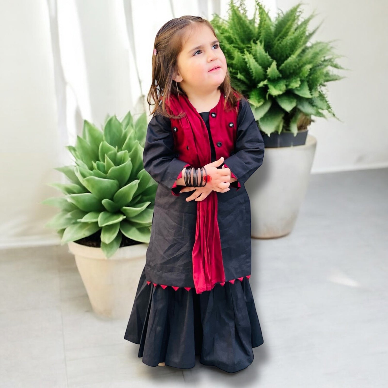 Elegant Black & Maroon Dress With Stylish Jacket and Dupatta For Kids.