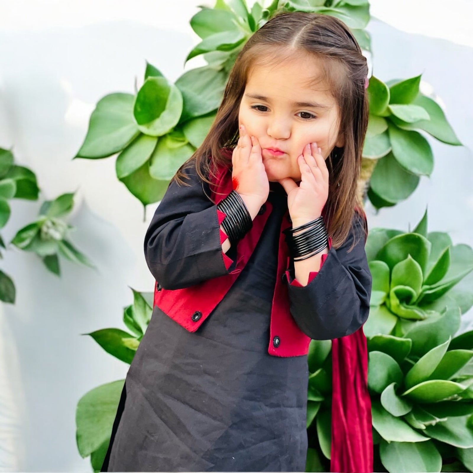 Elegant Black & Maroon Dress With Stylish Jacket and Dupatta For Kids.