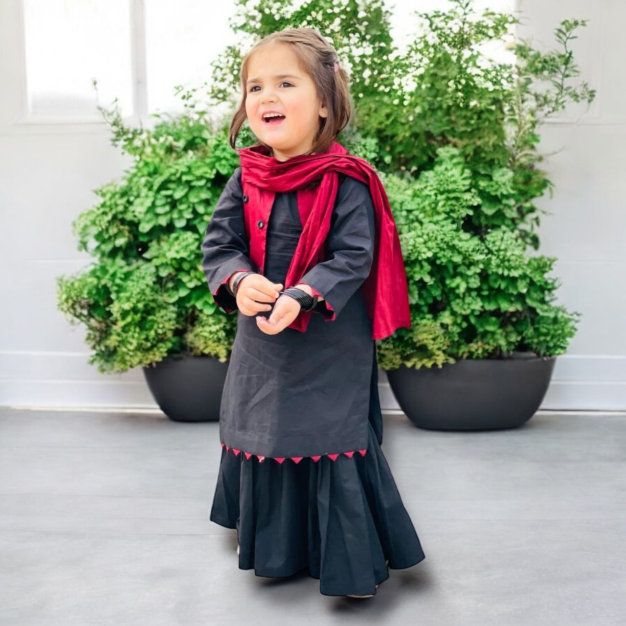 Elegant Black & Maroon Dress With Stylish Jacket and Dupatta For Kids.