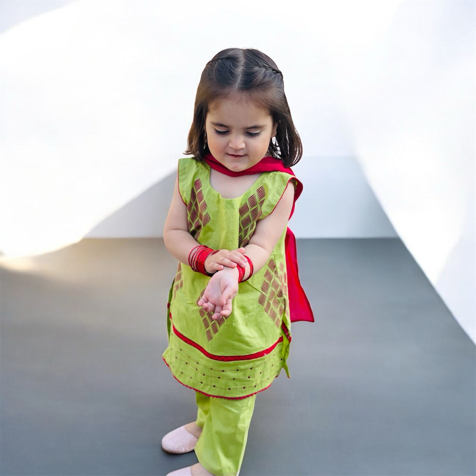 Custom Made Parrot Green Screen Printed Dress For Kids.
