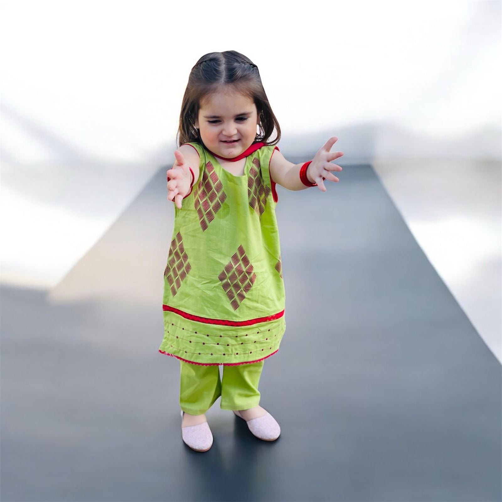 Custom Made Parrot Green Screen Printed Dress For Kids.