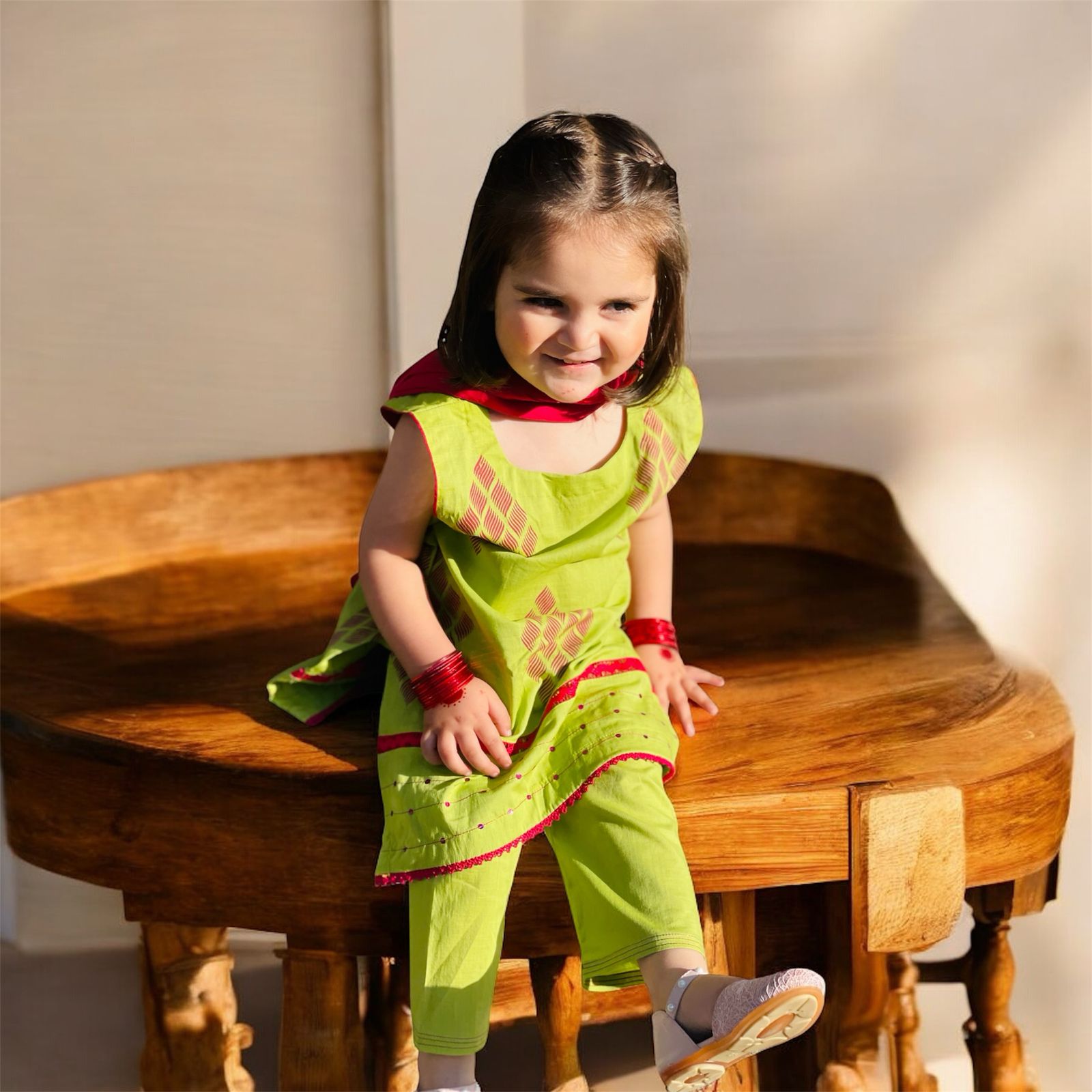 Custom Made Parrot Green Screen Printed Dress For Kids.